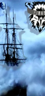 Mysterious pirate ship in blue mist with wolf art.