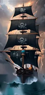 Pirate ship in stormy ocean with dark sails and dramatic clouds.