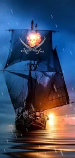 Pirate ship sails across ocean at sunset with skull and crossbones.