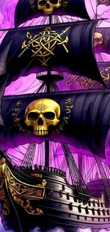 Pirate ship with violet sails and skull design in fantasy art style.