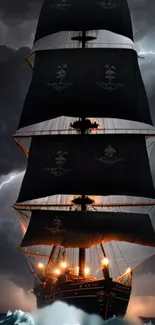 Pirate ship sails under lightning in stormy seas mobile wallpaper.