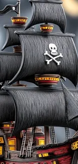Pirate ship with black sails and skull design wallpaper.
