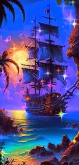 Mystical pirate ship sails under a moonlit sky in a vibrant tropical cove.