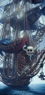 Majestic pirate ship on misty ocean with intricate skull design.