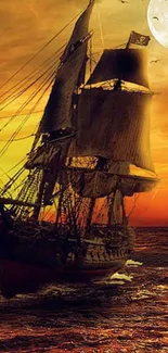 Pirate ship sailing at sunset with full moon above.