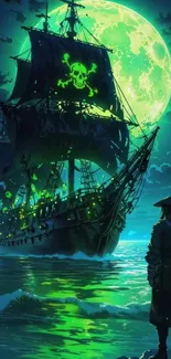 Pirate ship sailing under a neon green moonlit night.
