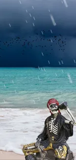 Pirate skeleton on rainy beach with stormy sea.