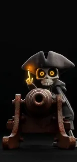 Pirate skeleton with glowing eyes and cannon in dark background.