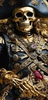 Ornate pirate skeleton wearing gold and jewels.