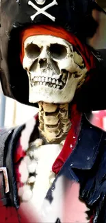 Skeleton pirate with black hat and red attire, vivid style.