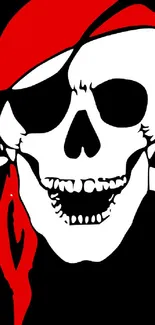 Pirate skeleton with red bandana on black background.