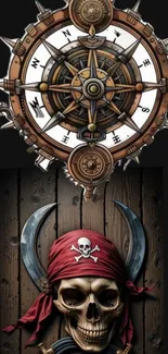 Pirate skull with swords and a nautical compass on black background.
