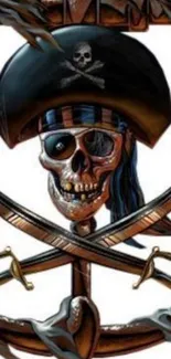 Pirate skull with crossed swords, nautical themed mobile wallpaper.