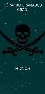 Teal wallpaper with pirate skull and crossed swords design.