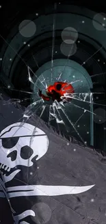 Dark pirate-themed wallpaper with skull and cracked glass.