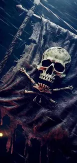 Pirate skull flag with eerie dark design and tattered edges.