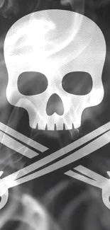 Mobile wallpaper with pirate skull and swords on a smoky dark background.