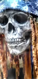 A pirate skull with sunglasses and dreadlocks on a mobile wallpaper background.