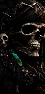 Intricate pirate skull art wallpaper for mobile devices.