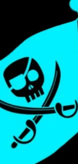 Neon blue pirate flag with skull and swords design.