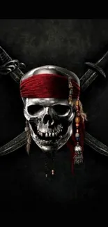 Pirate skull with red bandana and crossed swords on dark background.