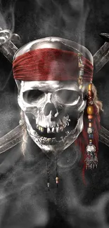 Pirate skull with red bandana and swords on a black background.