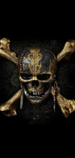 Gold-accented pirate skull with crossbones on black background.