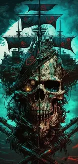 Skull-shaped ship with sails in teal moonlight.