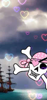 Cartoon skull with ship under stormy sky wallpaper.