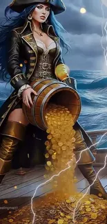 Pirate woman pours gold on ship deck amid storm.
