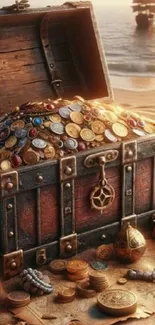 An open treasure chest filled with gold coins on a beach at sunset.