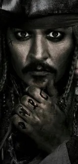 Dark pirate character with intense gaze and detailed costume for mobile wallpaper.