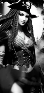 Black and white pirate woman illustration wallpaper.