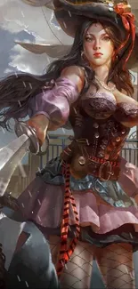 Pirate woman in fantasy art with a sword against ship backdrop.