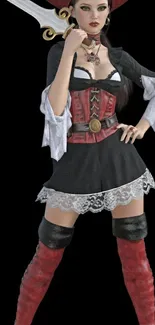 A fantasy-themed female pirate with a sword in detailed attire.