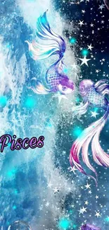 Pisces cosmic fish with stars and bubbles wallpaper.