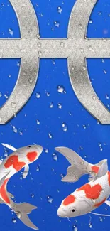 Pisces symbol with koi fish on blue background featuring water droplets.