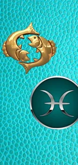 Turquoise wallpaper with Pisces zodiac symbol and golden fish emblem.