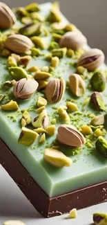 A vibrant chocolate bar topped with pistachios and nuts.