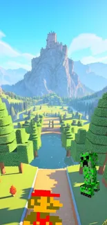 Pixel art adventure featuring blocky characters in scenic landscape.