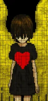 Pixel art angel with red heart and golden wings on black background.