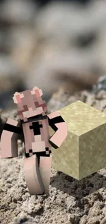 Pixel art character with blocky design in a sandy landscape.