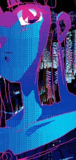 Cyberpunk style blue anime character in pixel art.