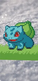 Pixel art Bulbasaur on sparkling ice background.