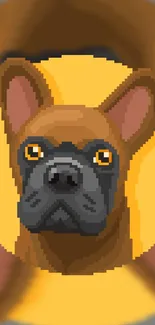 Pixel art bulldog on orange background for mobile wallpaper.