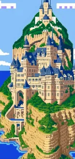 Pixel art of a large castle on an island with blue skies and ocean.