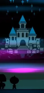 Pixel art castle at night with blue towers and starry sky.