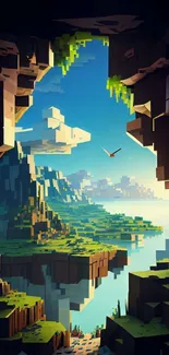 Pixel art landscape with cave and blue sky.