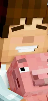 3D pixel art character hugging a pig, vibrant digital scene.