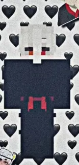 Pixel art character with black hearts background